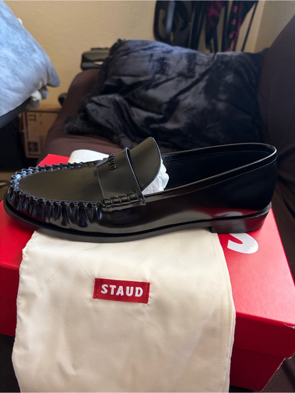 STAUD Women’s Black Leather Penny Loafers